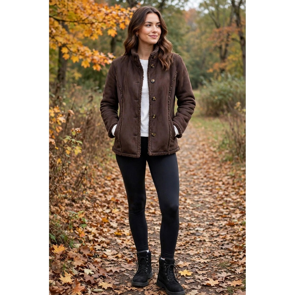 Vtg. L.L. Bean Shearling Faux Suede Panel Jacket Womens L Reg Brown Button Front
